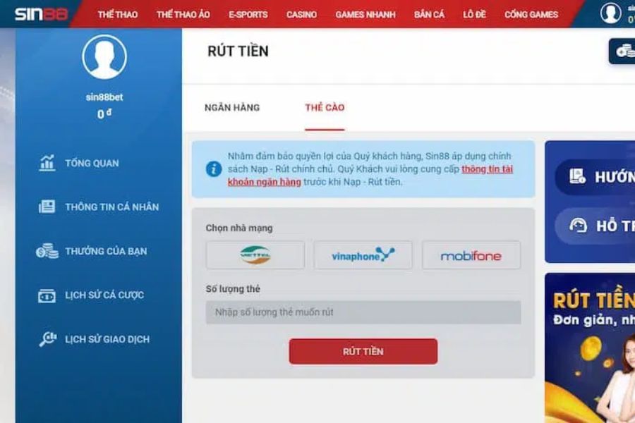 Hướng Dẫn Đăng Ký Sin88 6 Hai cách rút tiền đơn giản tại Sin88