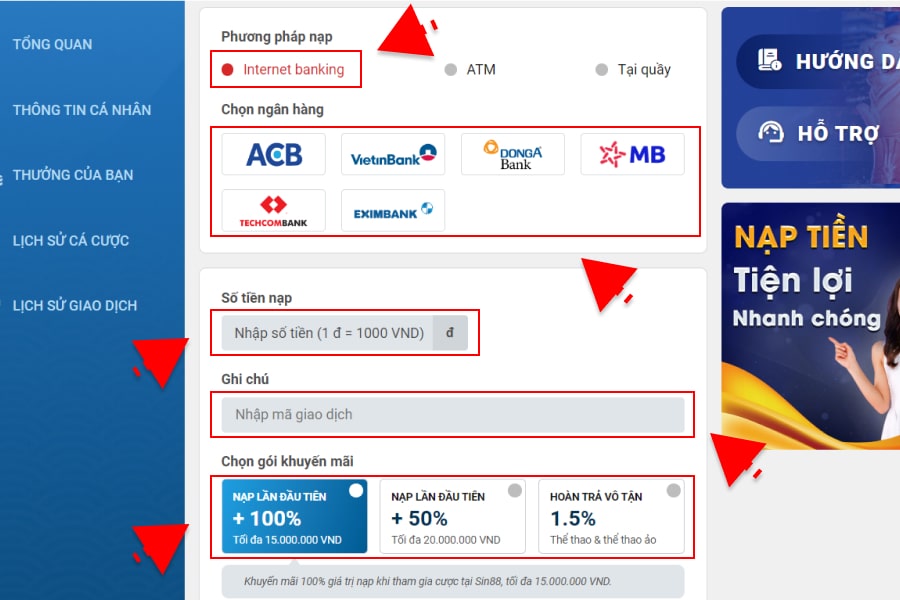 Hướng Dẫn Nạp Rút Tiền Sin88 2 Hướng dẫn nạp rút SIN88 ngân hàng